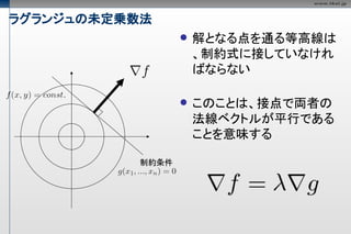 ラグランジュの未定乗数法
                    解となる点を通る等高線は
                     、制約式に接していなけれ
                     ばならない

                    このことは、接点で両者の
                     法線ベクトルが平行である
                     ことを意味する

          制約条件
 