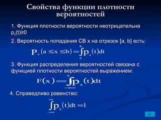 Свойства функции плотности вероятностей 1. Функция плотности вероятности неотрицательна  p x (t)≥0 2.  Вероятность попадания СВ х на отрезок  [a, b]  есть: 3. Функция распределения вероятностей связана с функцией плотности вероятностей выражением: 4. Справедливо равенство: 