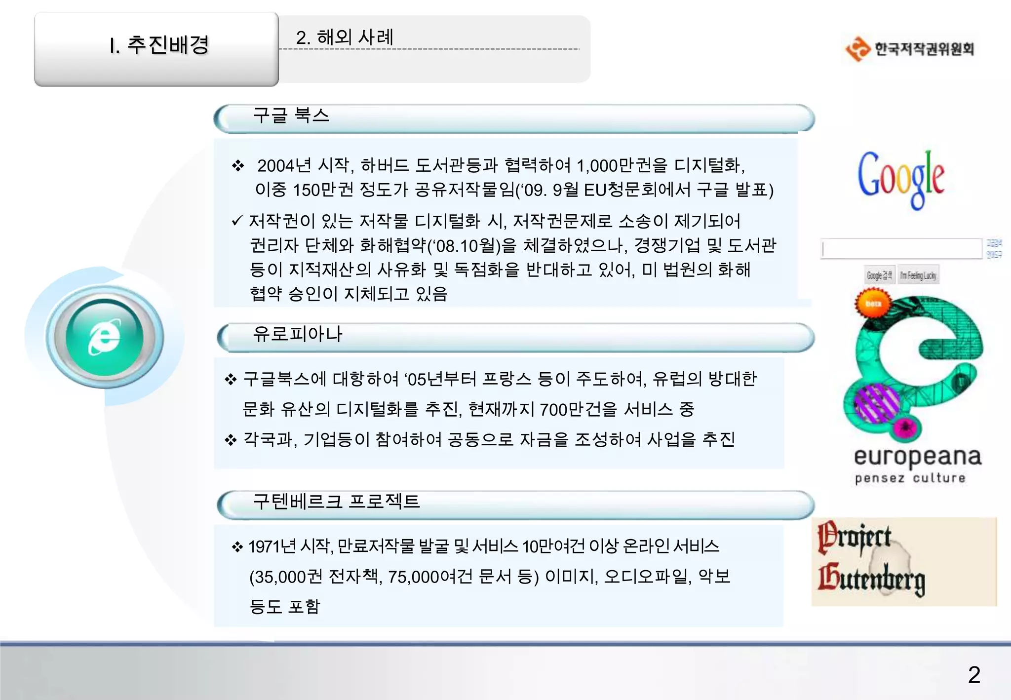  유로피아나:1000만건의 공유저작물을                       26개국 언어로 서비스 중 글로벌 야후에서는2억건의 자유이용허락  저작물이 검색 가능개인, 기업 등의 창조자원 활용역량이미래사회 생존 경쟁력으로 대두되고 있으나 자유롭게 활용할 수 있는 공유저작물에 대한 정보 제공 및 활성화는 부족한 실정임 기  대  효  과사회 문화적 공유저작물 정보의 수집 제공을 통하여 저작권문제로 인한 활용 콘텐츠 부족 해소 자유롭게 활용 가능한 공유저작물 제공 확대로 창작의욕을 확대하고  관련 콘텐츠 산업 활성화1