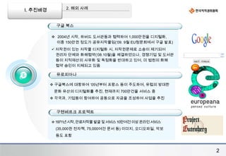  유로피아나:1000만건의 공유저작물을                       26개국 언어로 서비스 중 글로벌 야후에서는2억건의 자유이용허락  저작물이 검색 가능개인, 기업 등의 창조자원 활용역량이미래사회 생존 경쟁력으로 대두되고 있으나 자유롭게 활용할 수 있는 공유저작물에 대한 정보 제공 및 활성화는 부족한 실정임 기  대  효  과사회 문화적 공유저작물 정보의 수집 제공을 통하여 저작권문제로 인한 활용 콘텐츠 부족 해소 자유롭게 활용 가능한 공유저작물 제공 확대로 창작의욕을 확대하고  관련 콘텐츠 산업 활성화1