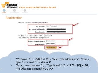 • “My name is”に、名前を入力し、”My e-mail address is”と、”Type it
again”に、e-mailアドレスを入力
• ”Enter a new password”と、”Type it again”に、パスワードを入力し、
ボタン『Create account』をクリック
 