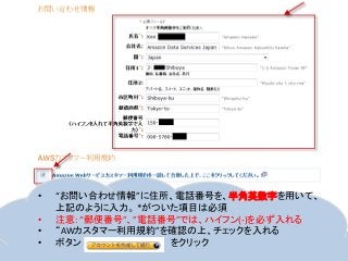 • “お問い合わせ情報”に住所、電話番号を、半角英数字を用いて、
上記のように入力。 *がついた項目は必須
• 注意: “郵便番号”、”電話番号”では、ハイフン(-)を必ず入れる
• “AWカスタマー利用規約”を確認の上、チェックを入れる
• ボタン をクリック
 