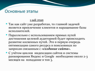 Основные этапы
1-ый этап
 Так как сайт уже разработан, то главной задачей
является привлечение клиентов и наращивание базы
исполнителей.
 Параллельно с использованием прямых путей
достижения целевой аудиторией будет происходить
развитие косвенных путей. Это в первую очередь
оптимизация самого ресурса в поисковиках по
запросам связанным с «создание сайта».
 С учётом циклов индексации сайтов и системы
ранжирования Яндекс и Google необходимо около 2-3
месяцев на попадание в топ 3.
 