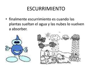 ESCURRIMIENTO
• finalmente escurrimiento es cuando las
plantas sueltan el agua y las nubes lo vuelven
a absorber.