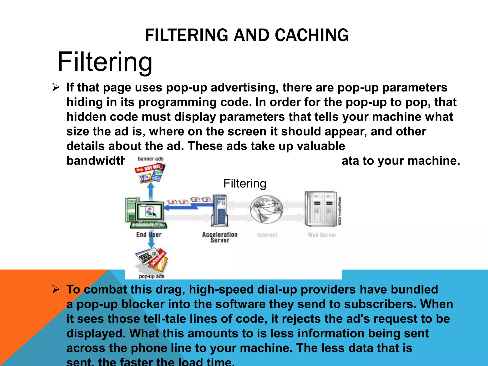The high-speed dial-up data path Acceleration servers speed up the dial-up data transfer using several techniques.The key element of High-speed Dial-up WorksAbout file typeThe chart below will help you understand what will and will not be accelerated by high-speed dial-up.AcceleratedNot AcceleratedHTML/Java-based Web pagesTextJPG/GIF-based graphicsE-mailStreaming media (audio or video)Secure Web pagesMusic/photos sent as e-mail attachmentsDownloadsAt this point, the on-the-fly file compression utilized in high-speed dial-up can't be    added to the file types specified above because of the nature of the data.