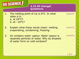 3.10 All change!
Questions
1. The melting point of ice is 0°C. In what
state is it:
a. at 25°C?
b. at –10°C?
2. Explain what these words mean: melting,
evaporating, condensing, freezing.
3. Air contains water vapour. Water vapour is
separate particles of water. Why do droplets
of water form on cold windows?
(Level 3)
(Level 3)
(Level 4)
1 of 3
 