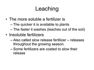 Leaching The more soluble a fertilizer is The quicker it is available to plants The faster it washes (leaches out of the soil) Insoluble fertilizers  Also called slow release fertilizer – releases throughout the growing season. Some fertilizers are coated to slow their release 