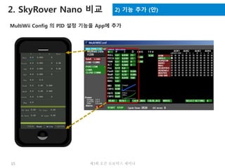 15 제3회 오픈 로보틱스 세미나
2. SkyRover Nano 비교 2) 기능 추가 (안)
MultiWii Config 의 PID 설정 기능을 App에 추가
 