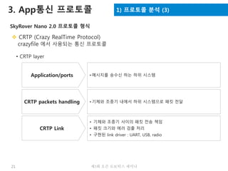 제3회 오픈 로보틱스 세미나21
3. App통신 프로토콜 1) 프로토콜 분석 (3)
SkyRover Nano 2.0 프로토콜 형식
 CRTP (Crazy RealTime Protocol)
crazyfile 에서 사용되는 통신 프로토콜
• CRTP layer
Application/ports • 메시지를 송수신 하는 하위 시스템
CRTP packets handling • 기체와 조종기 내에서 하위 시스템으로 패킷 전달
CRTP Link
• 기체와 조종기 사이의 패킷 전송 책임
• 패킷 크기와 에러 검출 처리
• 구현된 link driver : UART, USB, radio
 