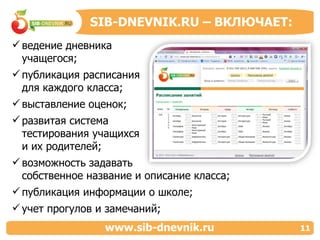 ведение дневника  учащегося;  публикация расписания  для каждого класса;  выставление оценок; развитая система  тестирования учащихся  и их родителей;  возможность задавать  собственное название и описание класса; публикация информации о школе;  учет прогулов и замечаний; SIB-DNEVNIK.RU – ВКЛЮЧАЕТ : www.sib-dnevnik.ru 11 