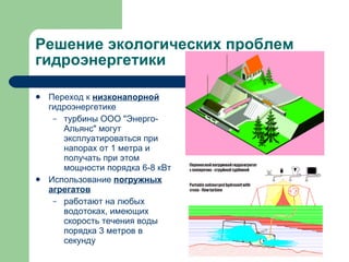 Решение экологических проблем гидроэнергетики Переход к  низконапорной  гидроэнергетике турбины ООО "Энерго-Альянс" могут эксплуатироваться при напорах от 1 метра и получать при этом мощности порядка 6-8 кВт Использование  погружных агрегатов работают на любых водотоках, имеющих скорость течения воды порядка 3 метров в секунду 