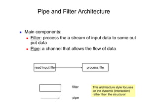 Pipe and Filter Architecture


    Main components:
       Filter: process the a stream of input data to some out
        put data
       Pipe: a channel that allows the flow of data




          read input file             process file




                             filter       This architecture style focuses
                                          on the dynamic (interaction)
                                          rather than the structural
                             pipe
 