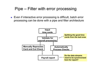 Pipe – Filter with error processing
    Even if interactive error processing is difficult, batch error
     processing can be done with a pipe and filter architecture


                                 Input
                              time cards
                                                    Splitting the good time
                                                    cards from the bad ones
                             Validate for
                          payroll processing

             Manually Reprocess             Automatically
             Card and Cut Check            Process Checks

                                                    Do the data streams
                             Payroll report         need to be synchronized
                                                    here for report?
 