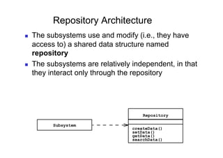 Repository Architecture
    The subsystems use and modify (i.e., they have
     access to) a shared data structure named
     repository
    The subsystems are relatively independent, in that
     they interact only through the repository




                                       Repository

           Subsystem
                                   createData()
                                   setData()
                                   getData()
                                   searchData()
 