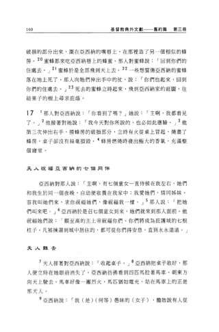 160                      基督教典外文獻      舊約篇   第三冊




破損的部分出來，圍在亞西納的嘴唇上，在那裡造了另一個相似的蜂

房。 20 蜜蜂都來吃亞西納唇上的蜂蜜。那人對蜜蜂說             I 回到你們的
住處去。」 2l 蜜蜂於是全部飛到天上去。 22 一些想童傷亞西納的蜜蜂

落在地上死了。那人向牠們伸出手中的仗，說                I 你們也起來，回到

你們的住處去。」 23 死去的蜜蜂立時起來，飛到亞西納家的庭園，往

結果子的樹上尋求庇蔭。


17    1
          那人對亞西納說   I 你看到了嗎? J 她說    I 主啊，我都看見

了。」 2 他接著對她說        I 我今天對你所說的，也必如此應驗。」 3 他
第三次伸出右手，摸蜂房的破損部分，立時有火從桌上冒起，燒盡了

蜂房，桌子卻沒有絲毫損毀。 4 蜂房燃燒時發出極大的香氣，充滿整

個寢室。




夫人祝福耳宙納的世曲同伴



      亞西納對那人說       I 主啊，有七個童女一直侍候在我左右，她們

和我生於同一個夜晚，自幼便收養在我家中:我愛她們，情同姊妹。

容我叫她們來，求你祝福她們，像祝福我一樣。」 5 那人說                I 把她
們叫來吧。」 6 亞西納於是召七個童女到來，她們就來到那人面前。他

祝福她們說        I 願至高的主上帝祝福你們。你們將成為庇護城的七根

柱子。凡被揀選到城中居住的，都可從你們得安息，直到永永遠遠。」




夫人雖去


      7 天人接著對亞西納說     I 收起桌子。」 8 亞西納把桌子收好，那

人便立時在她眼前消失了。亞西納彷佛看到四匹馬拉著馬車，朝東方

向天上駛去。馬車好像一團烈火，馬匹猶如電光，站在馬車上的正是

那天人。
      9 亞西納說   I 我(是) (何等)愚昧的(女子)     ，膽敢說有人從
 