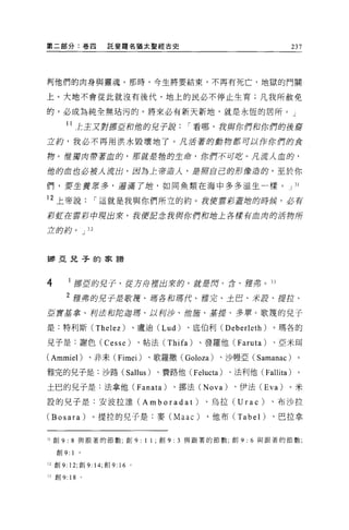 第二部分:卷囚               託斐羅名猶太聖經古史                                                237




判他們的肉身與靈魂。那時，今生將要結束，不再有死亡，地獄的門關

上。大地不會從此就沒有後代，地上的民必不停止生育;凡我所赦免

的，必成為純全無站污的。將來必有新天新地，就是永恆的居所。」

        11 主主又對挪2ft口蝕的兒子說["看哪，我與你們和你們的後育
立 F的，我必不再用洪水毀壞地了。凡活著的身仿都可以作你們的主主

脅。位獨肉帶著血的，那就是她的生命，你們不可丘吉。凡流λ 血的，

值的血也必被人瀉出，因為上帝造人，是照自己的影韓遁的。至於你

們，要生養眾多，遍滿了 1世，如同魚類在海中多多滋生一樣。 J 31

12 上帝說["這就是我與你們所立的約。我便雲影蓋站的時餒，必有

影虹在雲影中現出來，我便5日;舍我與你們和插上各樣有血肉的活防所

立的約。 J 32



挪亞見子的家譜




4          挪巨的兒子，從方舟撞出來的，就是府、台、推弗。 33

        2 雄辯的舟子是歌廈、驛各和Z曹代、推5吉、土巴、 jrEE 、提拉、
巨賈基拿、列法和結迦塘、以柯沙、位施、基提、多車。歌蔑的兒子

是:特利斯 (Thelez)                       、盧迪 (Lud)      、底伯利 (Deberleth)    。瑪各的

見子是:謝色 (Cesse)                        、帖法 (Thifa)      、發羅他 (Faruta)    、亞米耳

(Ammiel)           、非未 (Fimei)          、歌羅撒( Goloza)      、沙幢亞 (Samanac)        。

雅完的兒子是:沙路( Sallus)                         、費路他 (Felucta)      、法利他 (Fallita)    。

土巴的兒子是:法拿他 (Fanata)                               、挪法 (Nova)    、伊法 (Eva)   。米

設的兒子是:安波拉達 (Amboradat)                                  、烏拉 (Urac)      、布沙拉

(Bosara)           。提拉的兒子是:麥 (Maac)                     、他布 (Tabel)     、巴拉拿


31 創 9: 8 與跟著的節數，鄧 9                  : 1 1 ;創   9: 3 與跟著的節數;創 9: 6 與跟著的節數，

    創 9: 1 。

J2 創 9: 12; 創 9: 14; 創 9:   16   0




_~ 3 創 9: 18   。
 