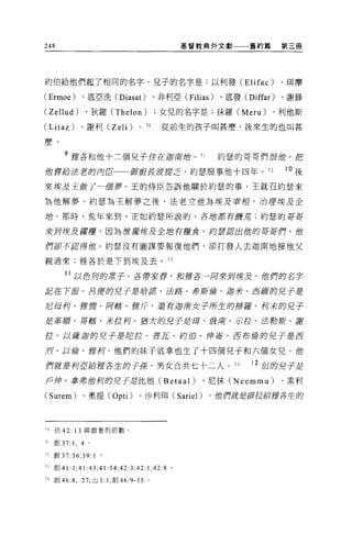 248                                                  基督教典外文獻一一舊約篇           第三冊




約伯給他們起了相同的名字，兒子的名字是:以利發 (Elifac)                                            、現摩

(Ermoe)          、底亞洗 (Diasat)               、非利亞 (Filias)   、底發 (Diffar)   、謝錄

(Zellud)          、狄羅 (Thelon)                女見的名字是:抹羅 (Meru)          、利他斯

(Litaz)         、謝利 (Zeli)          0   7日    從前生的孩子叫甚麼，後來生的也叫甚

麼。


        9 括各和他十三個兒子住在迦南站。 71                                 約瑟的哥哥們偎蝕，把

借賣/給法者的內巨一一御廚長波提乏，約瑟服事他十四年。 72                                              10 後

來埃及王做了一組夢。王的侍臣告訴他關於約瑟的事，王就召約瑟來

為他解夢。約瑟為王解夢之後，法老立 1世為埃及宰相，治理埃及全

增。那時，荒年來到，正如約瑟所說的，各站都有韓若;約瑟的哥哥

來到埃及摺糧，因為種獨埃及全拉有糧食。約草敢出蝕的哥哥們，位

們都不認得蝕。約瑟沒有圖謀要報復他們，卻打發人去迦南地接他父

親過來;雅各於是下到埃及去。 73

         11 以色舟的車子，各帶家荐，和推各一月來到埃及。他們的名字

記在下面。且便的兒子是崎諾、法路、手背軒1倫、迎來。 J!!j輝的兒子是

尼母柯、 f吉輝、戶可幫、難斤，還有迦南女子所生的掃釋。柯呆的兒子

是革順、哥幫、 j失控柯。獨大的兒子是正耳，街南、示拉、法勒斯、最幫

拉。以虛迦的兒子是陀拉、普瓦、約的、伸著。 E布僻的兒子是 J!!j

t，q 、以備、 f當初。他們的妹子底拿也生了十四個兒子和六個女兒。他

們就是柯直指控各生的子掠，男女合共七十二人。 74                                           12 但的兒子是

戶仲。拿弗他柯的兒乎是比他 (Betaal)                                 、尼抹 (Neemmu)         、素利

(Surem)          、奧提 (Opti)        、沙利用( Sariel)         。值們就是辟拉給括各生的




70   伯的       13 與跟著的節數。

71   創 37 汁， 4 。

J2直1) 37:36;39:1 。

73   創 4 1:   1;41 :43;41 :54;42:3;42: 1;42:8    0




74 創 46:8 ， 27; 出 1:1; 創 46:9-15 。
 