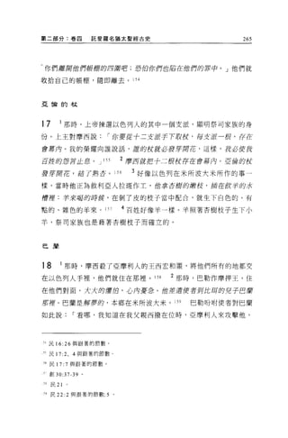 第二部分:卷囚            託斐羅名猶太聖經古史                        265




你們離聞位 ff1帳棚的四團nE!J               ;   ;恐怕你們也佑在伯們的罪中。」他們就

故拾自己的帳棚，隨即離去。 154




亞侖的社




17    I 那時，上帝揀選以色列人的其中一個支派，顯明祭司家族的身

份。上主對摩西說              í 你要從十二艾滋于下肢仗，每支派一棍，存在

會幕丹。我的榮耀向誰說話，君的仗就必要芽聞花，這樣，我必使我

百煌的怨言Jl 息。 J         155     2 磨西就把寸二根仗存在會幕內 02 緝的仗

要芽開花，結了熱否 o                156   3 好像以色列在米所波大米所作的事一

樣，當時他正為敘利亞人拉薩作土，位拿否甜的嫩役，插在飲芋的 7
                              }C

層裡:芋3夜喝的時候，在剝了皮的枝于當中配合，就生下白色的、有

點的、雜色的羊來。 157                4 百姓好像羊一樣。羊照著杏樹枝子生下小

羊，祭司家族也是藉著杏樹枝子而確立的。



巴蘭



18    I 那時，摩西殺了亞摩利人的王西宏和噩，將他們所有的地都女

在以色列人手裡，他們就住在那裡。 158                      2 那時，巴勒作摩押王，住
在他們對面，大大的潛 f且，心內菱急。的畫還使者到此耳的兒子白蘭

那裡。巴蘭是解夢的，本鄉在米所波大米。 159                      巴勒吩咐使者對巴蘭

如此說         í 看哪，我知道在我父親西撥在位時，亞摩利人來攻擊他，




只民 16:26 與跟著的節數。

叫民 17:2 ，   4 與跟著的節數。

而民 17: 7 與跟著的節數。

  自Ij 30:37-39 。

?‘民 21

門民 22: 2 與跟著的節數 ;5 。
 