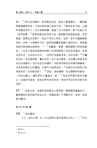 第一部分:卷十七       巴錄二書                    23




過)    0   4 泉水流到樹林，竟然變成巨浪，淹沒了整個樹林，一瞬間便

將整個樹林拔除，又把四周的高山夷為平地。 5 樹林成為平地，山嶺
的高處也夷平了。泉水氣勢磅磚，毀滅了巨大的樹林，剩下的就只有

一株香柏樹。 6 當香柏樹也給沖毀之後，整個樹林就連根拔起，全然

毀滅，甚麼也沒有剩下，從此不再為人所知。這時，泉水伴隨葡萄樹

來到，四周一片寧靜和平安。他們到達離香柏樹不遠的地方，那株遭

拔除的香柏樹也被帶來。 74        7 我觀看，看哪，葡萄樹開口對香柏樹

說     I 你豈不就是邪惡樹林所剩下的香柏樹嗎?因為你的緣故，邪惡

仍然存在。在這些年日中，一切的作為盡都是惡，沒有良善。 8 不屬
於你的，你也要掌管;屬於你的，你不加以憐惜。你的權力伸展至那

些住在遠處的;至於住在你身邊的，你把他們困在你惡毒的網羅裡。

你常常高舉自己的靈魂，彷彿不可拔除似的。 9 但現在你的時限已經
速速來到，你的時辰到了。 1 。因此，香柏樹啊，你必隨樹林的腳步，
一同成為塵土。讓你們的土壤混在一起。 11 現在你們要在困苦中睡

去，在痛苦中歇息，直到你們的末時來到。那時你們必回來受更大的

刑罰。」



37         這事以後，我看見香柏樹在火裡焚燒，葡萄樹卻漸漸長大。

葡萄樹和四周的樹木形成山谷，周圍長滿了不凋謝的花。這時，我從

夢中醒來。



星文示的當釋




38         我祈禱說:
      上主，我的主啊，你一向光照那以悟性管理自己的人。 75 2 你的




J4詩 29:5   。

75 歲 16:22 。
 