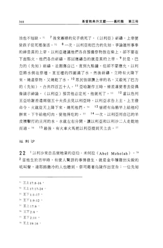 368                               基督教典外文獻     舊約篇   第三冊




油也不短缺。 51                7 後來寡婦的兒子病死了，   (以利亞)祈禱，上帝便

使孩子從死裡復活。 η                 8 一次，以利亞和巴力的先知，爭論誰所事奉

的神是真的上帝，以利亞建議他們各自預備祭物放在柴上，卻不要在

下面點火，他們各自祈禱，那回應禱告的就是真的上帝。 9 於是，巴

力的(先生日)祈禱，並割傷自己，直到九點鐘，但卻不蒙應允。以利

E 將水倒在祭壇，直至壇的四圓滿了水，然後祈禱，立時有火降下

來，燒盡祭物，又燒乾了水。 10 眾民皆頌讚上帝的名，又殺死了巴力

的(先知)               ，合共四百五十人。 11 亞哈謝作玉時，曾差遣使者去從偶

像請示神諭，               (以利亞)預言他必定死，他就死了。 53       1 2 當以色列

王亞哈謝差遣兩個五十夫長去見以利亞時，以利亞求告上主，上主發

命令，火就從天上降下來，燒死他們 o                 54    13 曾經有烏鴉早上給他向

餅來，下午給他叮肉，使他得吃的 0 日                     14 一次，以利亞用自己的羊

皮模擊打約旦河的水，水就左右分開，讓以利亞和以利沙二人走乾地

而過。 56              1 5 最後，有火車火馬把以利亞提到天上去。"



!-:.l譯:;，少



22     1 以利沙來自呂便地業的亞伯﹒米何拉 (Abel              Meholah)   0   58

2 當他生於吉甲時，有使人驚訝的事情發生，就是金牛慣發出尖銳的

吼叫聲，連耶路撒冷的人也聽到。祭司藉著烏陵作出宣告:一位先知




引玉上 17: 8-16 。

52 王上 17: 17-24      0




日王下 1: 1-1 7 。

54 王下 1 :9-12 。

何王上 17: 6 。

有 6 王下 2:8 。

'7 王下 2:   11   0




咒主上 19: 16 。
 