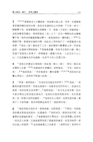 第二部分:卷六     利甲人歷史                               375




3   (1) la ， 2 接著我求上主幫助我，因這事合他心意。忽然，有兩棵榮

美宏偉的樹在海岸出現，我從未見過如此巨大的樹。 3 之後，其中一

棵樹彎下來，我便緊緊抓住其樹幹。它一直朝(天堂的)高處伸延，

並把我舉高至樹尖，直到那雲在(我)之下 O 而另一棵樹也向這棵樹

彎下來:我所坐的樹就把樹尖彎下，使我過到另一邊的樹上。 (4)4a 它
慢慢下降，把我放在海的中間 O 如此在上帝的指引下，我便越過大海

和雲。 5 我在(那)裡休息了三天，我的嘴唇不斷讚美上帝。然後我

起來，走過海中間的乾地。 6 那地甚美麗，有很多宏偉的大樹，樹上

長滿了香甜悅人的果子。那裡像是一個極大的島，上面沒有大山小

山，只見到處有花作為裝飾，也有不少叫人欣喜之物 O


4    當我正欣賞這片美地時，我走進一條小(路)              ，看見一個全身

赤裸的人坐著。 (2)2a 我被他的外表嚇怕，卻對他說平安，我的兄
弟。 J 3 ， 4 他回答說   I 平安地進來，願你喜樂， (5 ， 6 ，7 )8 因我知你是

屬上帝的人，否則你不能進入此地。」



5    然後，他問我說        I 你是否來自虛空的世界? }2)2a 我說我
雖來自虛空的世界，卻是在真理中，主主要看見你們所有人。但請你告

訴我，為何你會全身赤裸? J 3 他對我說﹒「你才是全身赤裸，因你

不能分辨自己的衣服已被站污，但我的衣服卻是乾淨的。若你想看

我，來，仰望天堂的高處吧。 J 4 當我正往上望時，我看見他的臉(變

成了)天(吏的臉。我怕得眼睛也昏花了，就跌倒在地。


6    他前來抓住我的手，把我扶起，並對我說               I 不要怕，因我就

是你懇求想看見的其中一位華福者。 2 我的弟兄，跟我往前行吧，我

會帶你見蒙福的聖者。 J 3 他牽著我的于帶我走，並叫我要關心世界和

一切在其上的事。之後他便帶我到了蒙福者的會堂。我見到他們，便

伏在地上拜他們。 h 這是被揀選之人的會堂，             (他們包括)甚美的少
 