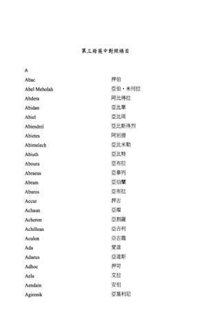 第三冊英中對照條目



A
Abac                押伯

Abel Meholah        亞伯﹒米何拉


Abdera              阿比得拉

Abidan              亞比單


Abiel               亞比耳

Abiesdrel           亞比斯得烈

Abietes             阿別提

Abimelech           E比米勒

Abiuth              E 比特

                    亞布拉
Aboura
Abraeus             E畢列

Abram               s.z 1白蘭

                    亞布拉
Aburos
                    押古
Accur
Achaun              亞燦

                    亞割羅
Acheron
                    亞吉利
Achillean
                    亞古龍
Aculon
Ada                 愛達

Adaeus              亞達斯

                    押苛
Adhoc
Aela                艾拉

Aendain             安但

Agirenik            亞基利尼
 