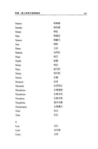 附錄:第三冊英中對照條目          403




Tenacis        特拿錫

Tenetde        特尼德

Tenute         特尼

               特提亞
Tetia
               特甜可
Tetzeco
               特斯
Teze
Thaan          太安

Thabola        他布拉


Thaal          特艾

               帖發
Theffa
               特拉
Theila
Theiz          帖艾斯

Thelez         特利斯


Thelon         狄羅

               帖美
Themech
               帖那特拉
Thenatela
Theodectus     狄奧德提

Theodosius     狄奧多西

Theodotus      狄奧多提

Theophi1us     提阿非羅

Theopompus     狄奧龐貝

               帖法
Thifa
               帖拉
Thila

U

Urac           烏拉

Uriel          鳥利爾

               烏暗
Uruin
 