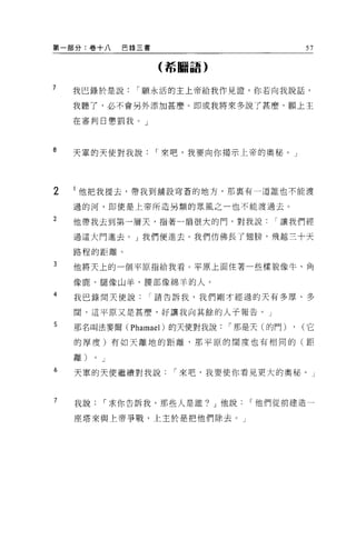 第一部分:卷十八         巴錄三書                          57

                        (希臘語)


7   我巴錄於是說         I 願永活的主上帝給我作見證，你若向我說話，

    我聽了，必不會另外添加甚麼。即或我將來多說了甚麼，願上主

    在審判日懲罰我 o J



8   天軍的天使對我說            I 來吧，我要向你揭示上帝的奧秘。」




2   l 他把我提去，帶我到舖設穹蒼的地方，那稟有一道誰也不能渡

    過的河，即使是上帝所造易類的思風之一也不能渡過去。

2   他帶我去到第一層天，指著一扇很大的門，對我說讓我們經

    過這大門進去。」我們便進去。我們仿佛長了翅膀，飛越三十天

    路程的距離。
3   他將天上的一個平原指給我看。平原上面住著一些樣貌像牛、角

    像鹿、腿像山羊、腰部像綿羊的人。

4   我巴錄問天使說請告訴我，我們剛才經過的天有多厚、多

    闊，這平原又是甚麼，好讓我向其餘的人子報告。」
5   那名叫法麥爾 (Phamael) 的天使對我說      I 那是天(的門)   , (它
    的厚度)有如天離地的距離，那平原的闊度也有相同的(距

    離)   0   J
6   天軍的天使繼續對我說            I 來吧，我要使你看見更大的奧秘。」



7   我說       I 求你告訴我，那些人是誰? J 他說﹒「他們從前建造一

    座塔來與上帝爭戰，上主於是把他們除去。」
 