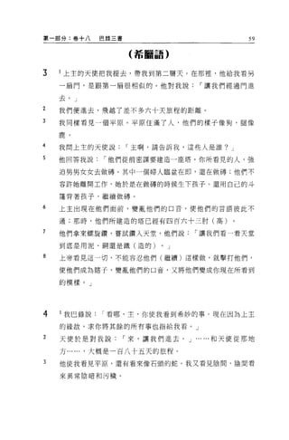 第一部分:卷+八           巴錄三書               59

                          (希臨語)


3    上主的天便把我提去，帶我到第二層天。在那裡，他給我看易

    一扇門，是跟第一扇很相似的。他對我說，-讓我們經過門進

    去。 J
2   我們便進去，飛越了差不多六十天旅程的距離。
3   我同樣看見一個平原。平原住滿了人，他們的樣子像狗，腿像

    鹿。

4   我問上主的天便說，-主啊，請告訴我，這些人是誰? J

5   他回答我說，-他們從前密謀要建造一座塔。你所看見的人，強

    迫男男女女去做磚。其中一個婦人臨盆在即，還在做磚;他們不

    容許她離開工作，她於是在做磚的時候生下孩子。還用自己的斗

    蓬背著孩子，繼續做磚。

6   上主出現在他們面前，變萬L 他們的口音，使他們的言語彼此不

    通;那時，他們所建造的塔已經有四百六十三肘(高)

7   他們拿來螺旋鑽，嘗試鑽入天堂，他們說，-讓我們看一看天堂

    到底是用泥、鋼還是鐵(造的)            0   J

8   上帝看見這一切，不能容忍他們(繼續)這樣做，就擊打他們，

    使他們成為瞎子，變亂他們的口音，又將他們變成你現在所看到

    的模樣。」




4   l 我巴錄說看哪，主，你使我看到希妙的事。現在因為上主

    的緣故，求你將其餘的所有事也指給我看。」

2   天使於是對我說，-來，讓我們進去。 J ......和天使從那地

    方...   ...   ，大概是一百八十五天的旅程。

3   他使我看見平原，還有看來像石頭的蛇。我又看見陰間，陰間看

    來異常陰暗和污穢。
 