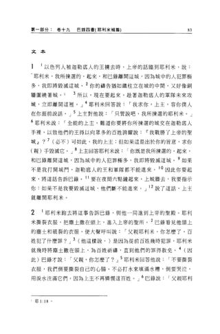 第一部分:           卷十九   巴錄囚書(耶利米補篇)                83




文本



       l 以色列人被迦勒底人的王擴去時，上帝的話臨到耶利米，說:
    耶利米，我所揀選的，起來，和巴錄離開這城，因為城中的人犯罪極

多，我即將毀滅這城。 2 你的禱告猶如鐵柱立在城的中間，又好像銅

牆圍繞著城。                3 所以，現在要起來，撞著迦勒底人的軍隊未來攻
域，立即離開這裡 o J 4 耶利米回答說，-我求你，上主，容你僕人
在你面前說話。」 5 上主對他說，-只管說吧，我所揀選的耶利米。」

6 耶利米說，-全能的上主，難道你要將你所揀選的城交在迦勒底人
手裡，以致他們的王得以向眾多的百姓誇耀說u"我戰勝了上帝的聖

城.!l    ?   7 (必不)可如此，我的上主;但如果這是出於你的旨意，求你

(親)手毀滅它。」 8 上主回答耶利米說，-你既是我所揀選的，起來，
和巴錄離開這城，因為城中的人犯罪極多，我即將毀滅這城。 9 如果
不是我打開城門，迦勒底人的王和軍隊都不能進來。 10 因此你要起
來，將這話告訴巴錄。 11 要在夜問六點鐘起來，上城牆去，我要指示

你:如果不是我要毀減這城，他們斷不能進來。」 l 2 說了這話，上主

就離開耶利米。


2      1 耶利米跑去將這事告訴巴錄，與他一同進到上帝的聖膜。耶利

米撕裂衣服，把塵土撒在頭上，進入上帝的聖所。 2 巴錄看見他頭上
的塵土和破裂的衣服，便大聲呼叫說，-父親耶利米，你怎麼了，百

姓犯了什麼罪? J 3 (他這樣說， )是因為從前百姓幾時犯罪，耶利米
就幾時將塵土撒在頭上，為百姓祈禱，直到他們的罪得赦免。 4 (因

此)巴錄才說，-父親，你怎麼了?               J   5 耶利米回答他說，-不要撕裂

衣服，我們倒要撕裂自己的心腸。不必打水來填滿水槽，倒要哭泣，

用淚水注滿它們。因為上主不再憐憫這百姓。」 6 巳錄說，-父親耶利



i   耶 1: 18 。
 