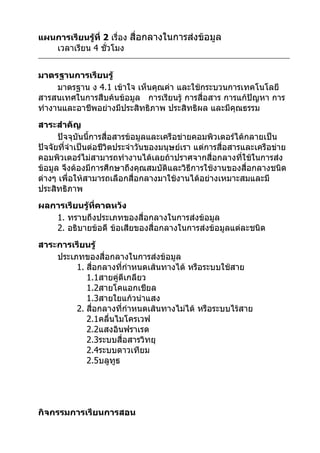 แผนการเรียนรู้ที่ 2 เรื่อง สื่อกลางในการส่งข้อมูล
   เวลาเรียน 4 ชั่วโมง


มาตรฐานการเรียนรู้
     มาตรฐาน ง 4.1 เข้าใจ เห็นคุณค่า และใช้กระบวนการเทคโนโลยี
สารสนเทศในการสืบค้นข้อมูล การเรียนรู้ การสื่อสาร การแก้ปัญหา การ
ทำางานและอาชีพอย่างมีประสิทธิภาพ ประสิทธิผล และมีคุณธรรม
สาระสำาคัญ
      ปัจจุบันนี้การสื่อสารข้อมูลและเครือข่ายคอมพิวเตอร์ได้กลายเป็น
ปัจจัยที่จำาเป็นต่อชีวิตประจำาวันของมนุษย์เรา แต่การสื่อสารและเครือข่าย
คอมพิวเตอร์ไม่สามารถทำางานได้เลยถ้าปราศจากสื่อกลางที่ใช้ในการส่ง
ข้อมูล จึงต้องมีการศึกษาถึงคุณสมบัติและวิธีการใช้งานของสื่อกลางชนิด
ต่างๆ เพื่อให้สามารถเลือกสื่อกลางมาใช้งานได้อย่างเหมาะสมและมี
ประสิทธิภาพ
ผลการเรียนรู้ที่คาดหวัง
   1. ทราบถึงประเภทของสื่อกลางในการส่งข้อมูล
   2. อธิบายข้อดี ข้อเสียของสื่อกลางในการส่งข้อมูลแต่ละชนิด
สาระการเรียนรู้
    ประเภทของสื่อกลางในการส่งข้อมูล
         1. สื่อกลางที่กำาหนดเส้นทางได้ หรือระบบใช้สาย
            1.1สายคู่ตีเกลียว
            1.2สายโคแอกเชียล
            1.3สายใยแก้วนำาแสง
         2. สื่อกลางที่กำาหนดเส้นทางไม่ได้ หรือระบบไร้สาย
            2.1คลื่นไมโครเวฟ
            2.2แสงอินฟราเรด
            2.3ระบบสื่อสารวิทยุ
            2.4ระบบดาวเทียม
            2.5บลูทูธ




กิจกรรมการเรียนการสอน
 