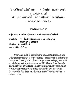โรงเรียนวังบ่อวิทยา ต.วังบ่อ อ.หนองบัว
               จ.นครสวรรค์
  สำานักงานเขตพื้นที่การศึกษามัธยมศึกษา
            นครสวรรค์ เขต 42

                    คำาอธิบายรายวิชา

กลุ่มสาระการเรียนรู้ การงานอาชีพและเทคโนโลยี
รายวิชา   การสื่อสารข้อมูลและระบบเครือข่าย
           รหัสวิชา ง 30203
ชั้นมัธยมศึกษาปีที่ 3
เวลา 40 ชั่วโมง


     ศึกษาและปฏิบัติเกี่ยวกับพื้นฐานของการสื่อสารข้อมูลและ
เครือข่ายคอมพิวเตอร์ องค์ประกอบของการสื่อสารข้อมูล ตัวกลาง
และอุปกรณ์ มาตรฐานการสื่อสารข้อมูล ชนิดของสัญญาณและวิธี
การส่งสัญญาณข้อมูล สื่อและอุปกรณ์ที่ใช้ในการรับส่งข้อมูลใน
ระบบเครือข่าย โครงสร้างของเครือข่ายคอมพิวเตอร์ โปรโตคอล
การออกแบบ ระบบเครือข่ายกับอินเทอร์เน็ต บริการต่างๆบน
อินเทอร์เน็ต ตัวอย่างของเครือข่ายและประโยชน์ของเครือข่าย
แต่ละประเภท
 