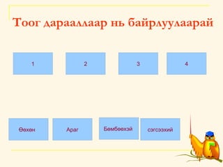 Тоог дарааллаар нь байрлуулаарай 1 2 3 4 Өөхөн  Бөмбөөхэй  Араг сэгсээхий 