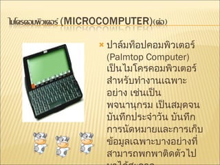 ปาล์มท็อปคอมพิวเตอร์  (Palmtop Computer)  เป็นไมโครคอมพิวเตอร์สำหรับทำงานเฉพาะอย่าง เช่นเป็นพจนานุกรม เป็นสมุดจนบันทึกประจำวัน บันทึกการนัดหมายและการเก็บข้อมูลเฉพาะบางอย่างที่สามารถพกพาติดตัวไปมาได้สะดวก  