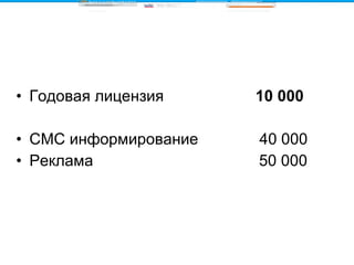 Годовая лицензия  10 000 СМС информирование  40 000 Реклама  50 000  