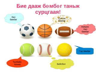 Бие дааж бөмбөг таньж сурцгаая! Сагсан бөмбөг Хөл бөмбөг Америк  Хөл бөмбөг Гар бөмбөг Бейсбол Талбайн  теннис 