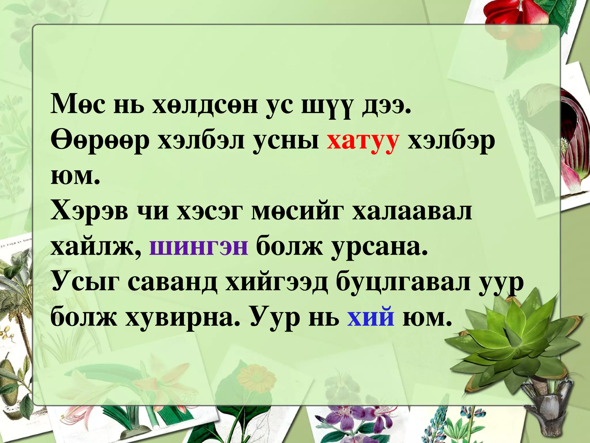 Нэрлээрэй. МОД ЧУЛУУ МӨС ХИЙ АГААР УС 