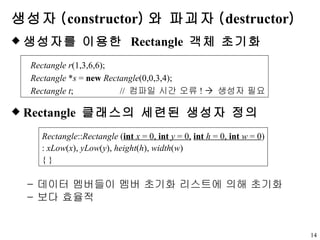 생성자 ( constructor ) 와 파괴자 ( destructor ) 생성자를 이용한  Rectangle  객체 초기화 Rectangle  클래스의 세련된 생성자 정의 데이터 멤버들이 멤버 초기화 리스트에 의해 초기화 보다 효율적 Rectangle   r (1,3,6,6); Rectangle  * s  =  new   Rectangle (0,0,3,4); Rectangle   t ;  //  컴파일 시간 오류 !     생성자 필요 Rectangle :: Rectangle  ( int   x  = 0,  int   y  = 0,   int   h  = 0,  int  w  = 0 ) :  xLow ( x ),  yLow ( y ),  height ( h ),  width ( w ) { } 