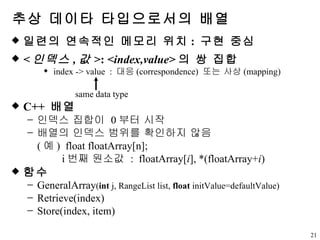 추상 데이타 타입으로서의 배열 일련의 연속적인 메모리 위치 :  구현 중심 < 인덱스 , 값 > :  <index,value> 의 쌍 집합 index -> value  :  대응 (correspondence)  또는 사상 (mapping) same data type C++  배열 인덱스 집합이  0 부터 시작 배열의 인덱스 범위를 확인하지 않음 ( 예 )  float floatArray[n]; i 번째 원소값  :  floatArray[ i ], *(floatArray+ i ) 함수 GeneralArray ( int  j, RangeList list,  float  initValue=defaultValue) Retrieve(index)  Store(index, item) 