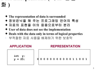 Data Encapsulation ( 자료 캡슐화 )   The representation of data is surrounded 정보은닉을 해 주는 프로그래밍 언어의 특성 자료의 표현을 이의 응용으로부터 분리 User of data does not see the implementation Deals with the data only in terms of logical properties 부적절한 자료 사용을 배제하기 위한 보호막 int  y; y = 25; APPLICATION 0 0 0 0 0 0 0 0 0 0 0 1 1 0 0 1 REPRESENTATION 