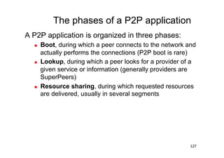 The phases of a P2P application
A P2P application is organized in three phases:
      Boot, during which a peer connects to the network and
       actually performs the connections (P2P boot is rare)
      Lookup, during which a peer looks for a provider of a
       given service or information (generally providers are
       SuperPeers)
      Resource sharing, during which requested resources
       are delivered, usually in several segments




                                                          127
 