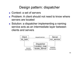 Design pattern: dispatcher
    Context: a set of servers
    Problem: A client should not need to know where
     servers are located
    Solution: a dispatcher implementing a naming
     service acts as an intermediate layer between
     clients and servers

             Client           request service     Server
            do_task                             run_service

                               Dispatcher
                             Location_map
                  request                        establish
                             locate_Server      connection
                connection

                                                              61
 