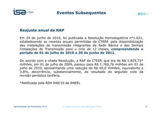 Eventos Subsequentes



     Reajuste anual da RAP

     Em 29 de junho de 2010, foi publicada a Resolução Homologatória n°1.021,
     estabelecendo as receitas anuais permitidas da CTEEP, pela disponibilização
     das instalações de transmissão integrantes da Rede Básica e das Demais
     Instalações de Transmissão para o ciclo de 12 meses, compreendendo o
     período de 01 de julho de 2010 a 30 de junho de 2011.

     De acordo com a citada Resolução, a RAP da CTEEP, que era de R$ 1.829,75*
     milhões, em 01 de julho de 2009, passou para R$ 1.760,76 milhões em 01 de
     julho de 2010, apresentando uma redução de R$ 69,0 milhões, equivalente a
     3,8%, decorrência, substancialmente, do resultado do segundo ciclo da
     revisão periódica tarifária.

     *Retificada pela REH 948/10 da ANEEL




Apresentação de Resultados 2T10     © Todos os direitos reservados para CTEEP      19
 