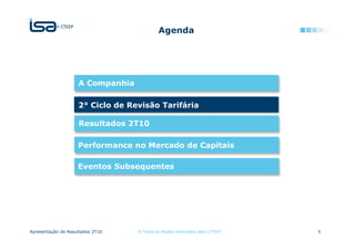Agenda




                    A Companhia

                    2° Ciclo de Revisão Tarifária

                    Resultados 2T10

                    Performance no Mercado de Capitais

                    Eventos Subsequentes




Apresentação de Resultados 2T10   © Todos os direitos reservados para CTEEP   5
 