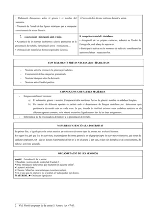 ▪ Elaboració d'esquemes sobre el gènere i el nombre del                  ▪ Correcció dels dictats realitzats durant la unitat.
sustantiu.
▪ Valoració de l'estudi de les figures retòriques per a interpretar
correctament els textos literaris.

     7.     coneixement i interacció amb el món.                        8. competència social i ciutadana.
                                                                        ▪ Acceptació de les pròpies carències, sobretot en l'àmbit de
▪ Acceptació de les normes establertes a classe: puntualitat en la
                                                                        l'ortografia, amb afany de superació.
presentació de treballs, participació activa i respectuosa…
                                                                        ▪ Participació activa en els moments de reflexió, considerant les
▪ Utilització del material de forma responsable i curosa.
                                                                        opinions d'altres i respectant-les.



                                       CON EIXEMENTS PREVIS NECESSARIS I HABILITATS


        -    Nocions sobre la premsa i els gèneres periodístics.
        -    Coneixement de les categories gramaticals.
        -    Nocions bàsiques sobre la derivació.
        -    Nocions sobre l'anàlisi poètica.



                                                    CONNEXIONS AMB ALTRES MATÈRIES
    -       llengua castellana i literatura:
                 a)   El substantiu: gènere i nombre. Comparació dels morfemes flexius de gènere i nombre en ambdues llengües.
                 b)   Per tractar els diferents apartats es parlarà amb el departament de llengua castellana per determinar quin
                      professor/a s'extendrà més en cada tema. Ja que, donada la similitud existent entre ambdues matèries en els
                      diferents apartats comuns, seria absurd tractar-ho d'igual manera des de les dues assignatures.
    -       Informàtica: ús de processadors de text per a la presentació de treballs.


                                                MESURES D'ATENCIÓ A LA DIVERSITAT

En primer lloc, al igual que en la unitat anterior, es realitzaran diversos tipus de proves per avaluar l'alumnat.
En segon lloc, pel que fa a les activitats, es plantejaran de forma general a tot el grup (excepte les activitats voluntàries, que seran de
caràcter ampliatori, tot i que es donarà l'oportunitat de fer-les a tot el grup), i, per tant, poden ser d'ampliació de coneixements, de
reforç i activitats generals.



                                                 ORGANITZACIÓ DE LES SESSIONS

sessió 1 : Introducció de la unitat
▪ Resultats i correcció del control de l’unitat 2.
▪ Breu introducció dels temes que tractarem en aquesta unitat2.
▪ Lectura i activitats.
▪ El conte. Mirar les característiques i escriure un text.
▪ En el cas que els exercicis no s’acaben a l’aula queden per deures.
MATERIAL:► Ordinador i projector




2 Vid. Versió en paper de la unitat 3: Annex 1 p. 47-65.
 