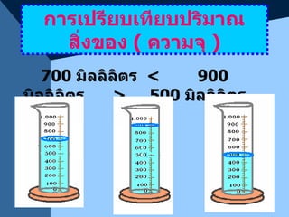 การเปรียบเทียบปริมาณสิ่งของ  (  ความจุ  ) 700  มิลลิลิตร  <  900  มิลลิลิตร  >   500  มิลลิลิตร  