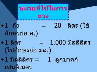 หน่วยที่ใช้ในการตวง 1  ถัง  =  20  ลิตร  ( ใช้อักษรย่อ ล . ) 1  ลิตร  =  1 , 000  มิลลิลิตร  ( ใช้อักษรย่อ มล . ) 1  มิลลิลิตร  =  1   ลูกบาศก์เซนติเมตร ( ใช้อักษรย่อ ลบ . ซม . ) 1  มิลลิลิตร  =  1   ซี  . ซี  ( c.c. ) 