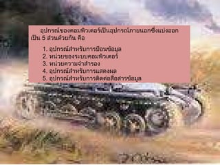 อุปกรณ์ของคอมพิวเตอร์เป็นอุปกรณ์ภายนอกซึ่งแบ่งออกเป็น  5  ส่วนด้วยกัน คือ 1.  อุปกรณ์สำหรับการป้อนข้อมูล   2.  หน่วยของระบบคอมพิวเตอร์   3.  หน่วยความจำสำรอง   4.  อุปกรณ์สำหรับการแสดงผล   5.  อุปกรณ์สำหรับการติดต่อสื่อสารข้อมูล 