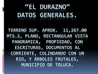 “EL DURAZNO”
    DATOS GENERALES.

TERRENO SUP. APROX. 11,267.00
MTS.2, PLANO, RECTANGULAR VISTA
  PANORAMICA, PROPIEDAD, CON
   ESCRITURAS, DOCUMENTOS AL
 CORRIENTE, COLINDANDO CON UN
   RIO, Y ÁRBOLES FRUTALES,
      MUNICIPIO DE TOLUCA.
 
