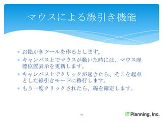 マウスによる線引き機能


お絵かきツールを作るとします。
キャンバス上でマウスが動いた時には、マウス座
標位置表示を更新します。
キャンバス上でクリックが起きたら、そこを起点
とした線引きモードに移行します。
もう一度クリックされたら、線を確定します。



          33
 